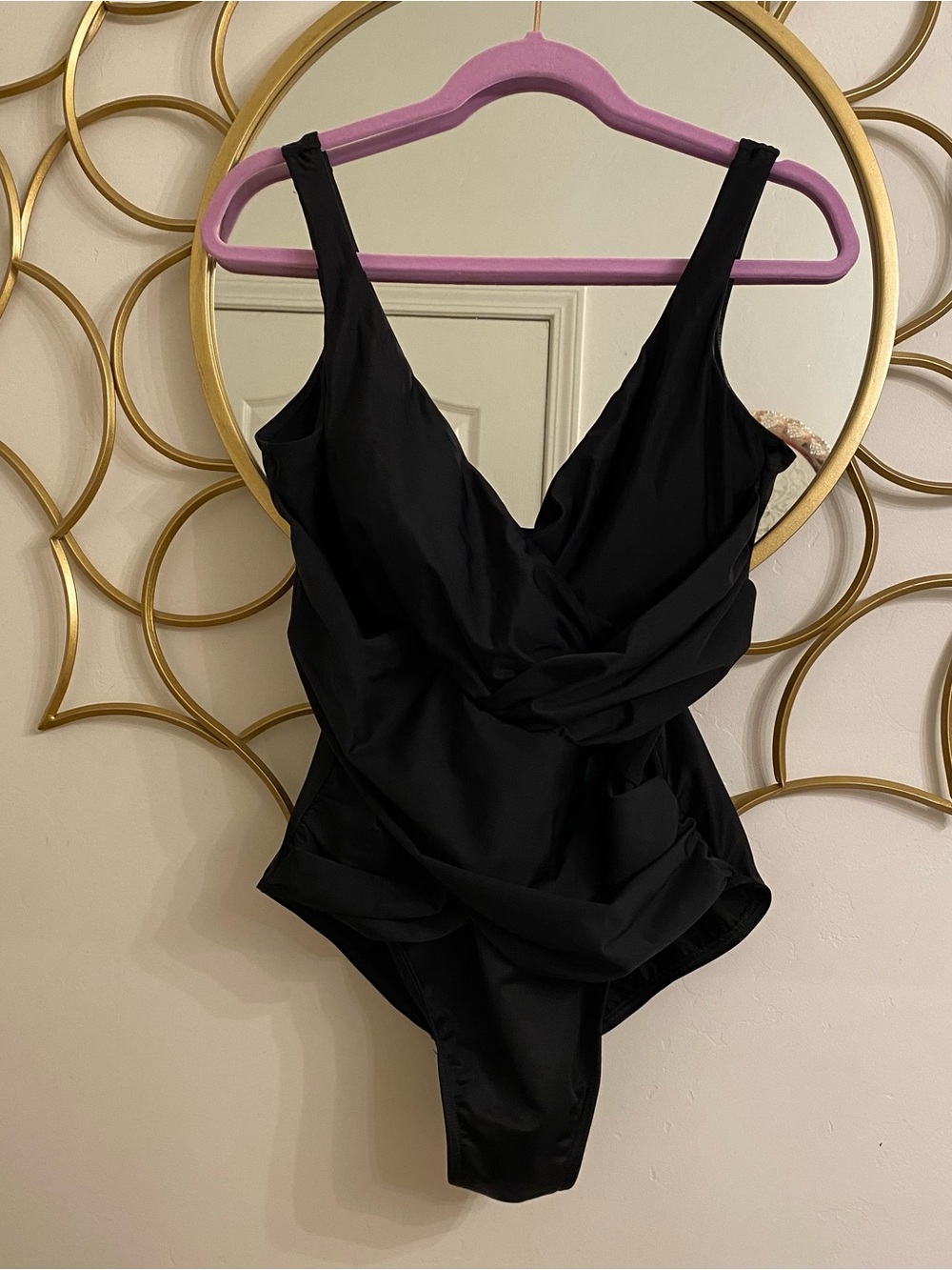 Miraclesuit Black Crossover One Piece Swimsuit Size 14 Slimming Tummy Control